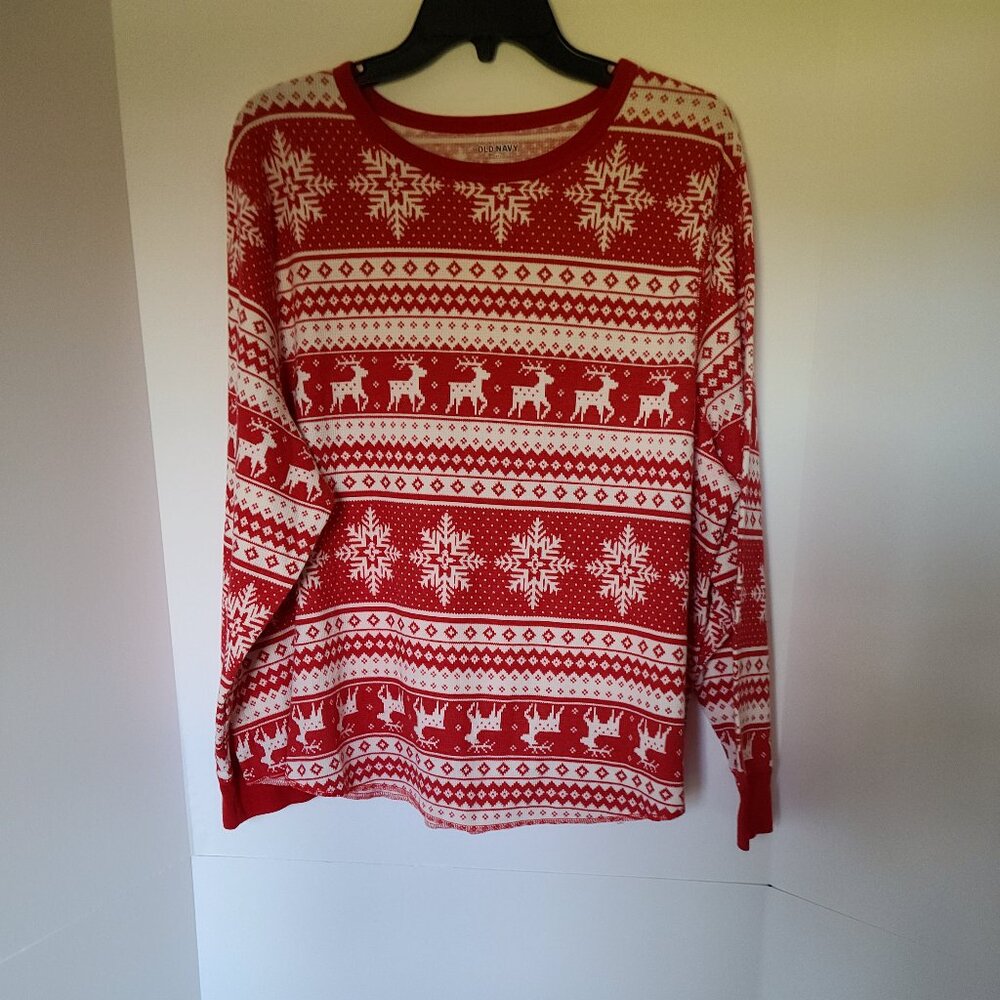 OLD NAVY RED/ WHITE THERMAL KNIT WAFFLE PULLOVER FAIR ISLE DESIGN SIZE XXL